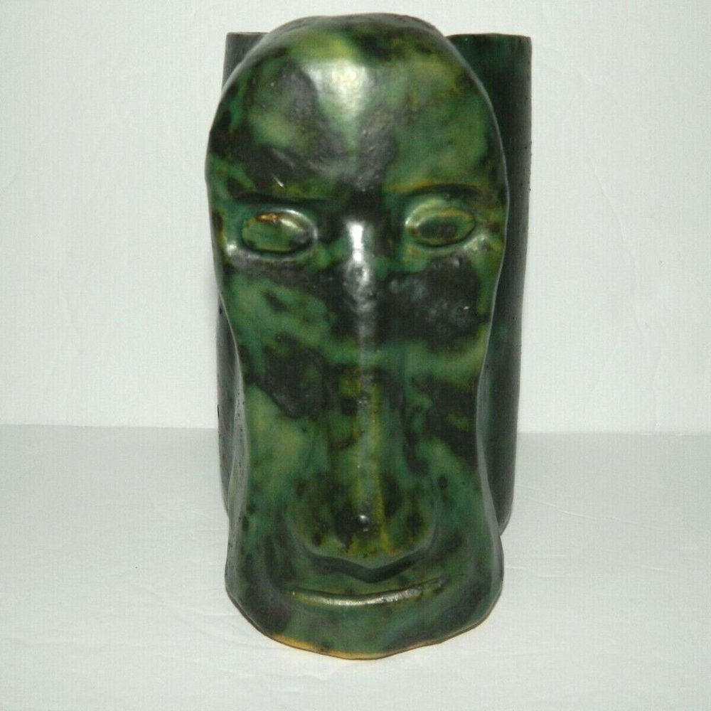 Portuguese Studio Pottery  Dark Green Face Vase Glazed 6"